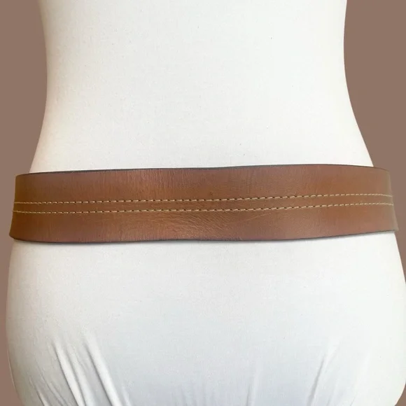 Wide Brown Leather Belt Oval Buckle 90s Size S/M - Picture 4 of 17